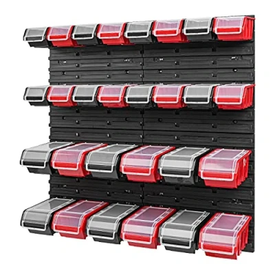 Abbildung von PAFEN Stapelbox Wandregal 772 x 780 mm Lagersystem 28 Stück Boxen mit Deckel Lagerregal Sichtlagerkästen Schüttenregal, Schwarz/Rot