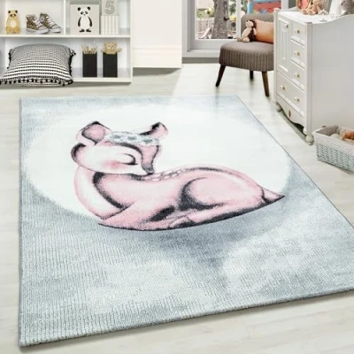 Abbildung von Carpetsale24 Kinderteppich Modern Rehkitz Design Pink und Grau 160 x 230 cm Kurzflor Teppich Kinderzimmer Waschbarer Spielteppich Babyteppich für Junge Mädchen Weich Antiallergen Rechteckig