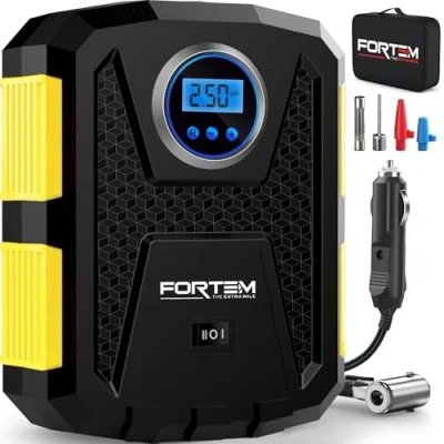 Abbildung von Fortem Tragbarer Kompressor Autoreifen, Fahrrad, 12V Autoreifen Pumpe und Fahrradpumpe Elektrisch mit LED Licht Digitaler Reifendruckmesser Automatische Pumpe/Abschaltung, Tasche