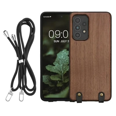 Abbildung von kwmobile Necklace Case kompatibel mit Samsung Galaxy A53 5G Hülle Holz TPU Cover Handykette Band Handyhülle Dunkelbraun