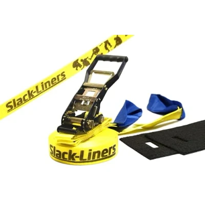 Abbildung von Slack Liners 4 Teiliges Slackline Set GELB 50mm breit, 25m lang mit Langhebelratsche Made in Germany