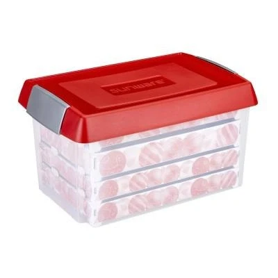 Abbildung von SUNWARE Nesta Weihnachtsbox 60 L mit erhöhtem Deckel+Tabletts für Kugeln (Ø70 80mm) transp/rot