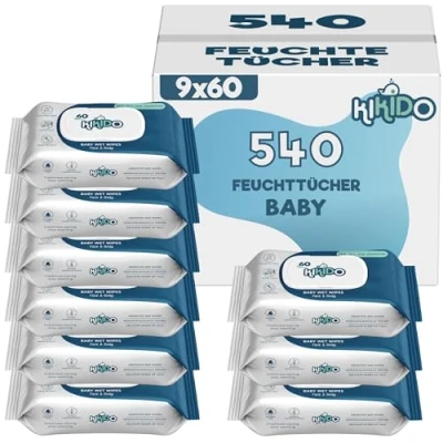 Abbildung von Kikido Feuchttücher Baby 540 Tücher, 9 Packungen Mit 60 Stück Feuchte Tücher Sanfte Formel für empfindliche Haut Frische Spar Deckel Alkoholfrei und seifenfrei Dermatologisch Getestet