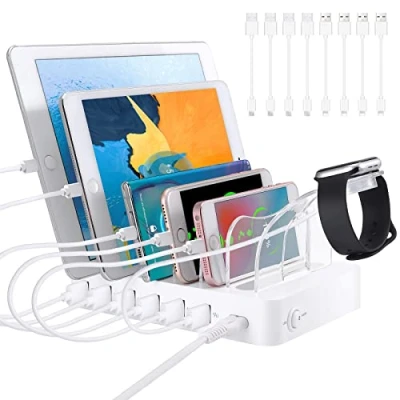 Abbildung von PRITEK Ladestation mit 8 kurzen Ladekabeln, 60 W, 6 Ports, USB Ladestation, Desktop Organizer, kompatibel Handy, Tablet, mehrere elektronische Geräte (weiß)