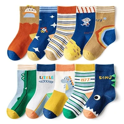 Abbildung von FedMois 10er Pack Kinder Socken Jungen Mädchen Strümpfe Baumwolle, Astronaut und Dinosaurier, Gr. 27 30