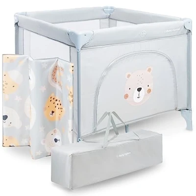 Abbildung von Moby System Laufstall für Kinder mit Matratze und Tragetasche, groß, faltbar, feststellbare Räder, stabiler Rahmen, Anti Rutsch Pads, 97 x 100 77 cm, Teddy Bear