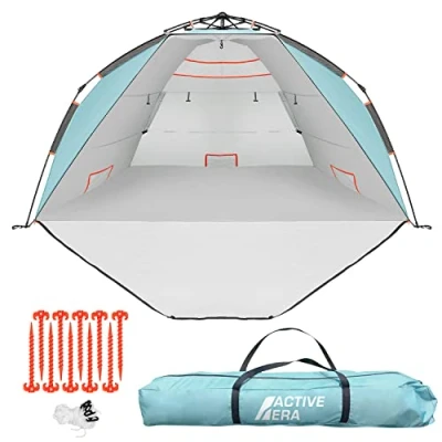 Abbildung von Active Era Luxus Strandzelt mit UV Schutz LSF 50+, Strandmuschel XXL Wasserabweisend, Easy Pitch Aufbau, Zelt für 5 Personen, Idealer Windschutz Strand, Garten und Camping, Kleines Packmaß Blau