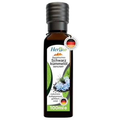Abbildung von HerbBio ägyptisches Schwarzkümmelöl kaltgepresst gefiltert 100ml, schonend in Rohkostqualität, 100% naturrein Black seed oil, Frischegarantie: täglich mühlenfrisch direkt vom HerbBio.