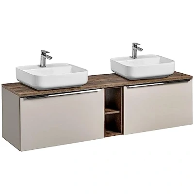 Abbildung von Lomadox Badezimmermöbel Doppel Waschtisch Unterschrank Set 180cm, Taupe mit Vintage Oak Eiche, 2 Keramik Aufsatz Waschbecken, Softclose Schubkästen, Regal
