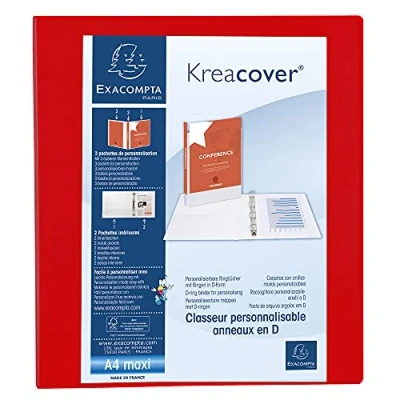 Abbildung von Exacompta 51843RE Präsentationsringbuch KreaCover aus blickdichtem Kunststoff für DIN A4, 4 D Ring Mechanik 40 mm, Rücken 64 rot ideal Schule und Büro Ringhefter Ringordner Ringbuchordner