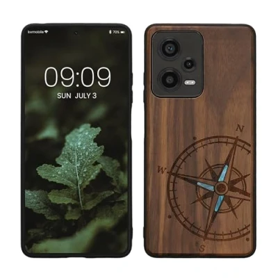 Abbildung von kwmobile Hülle kompatibel mit Xiaomi Redmi Note 12 Pro 5G Holz Case Handy Cover TPU Handyhülle in Dunkelbraun Vintage Kompass Perlmutt