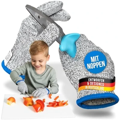 Abbildung von LauterSchutz® 1 Paar PREMIUM SCHNITTSCHUTZ Handschuhe mit NOPPEN Kinder &amp; Erwachsenen Größen Kreuzfaser PE Stoff hoher Komfort dehnbares Material KLASSE C (Größe 3XS, Noppen)