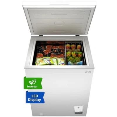 Abbildung von CHiQ Gefriertruhe FCF142DE 142 L Inverter Gefrierschrank 4 Sterne Gefrierfach 83,5 cm hoch Einstellbarer Temperaturregler Starke Gefrierleistung 12 Jahre Garantie auf den Kompressor Weiß