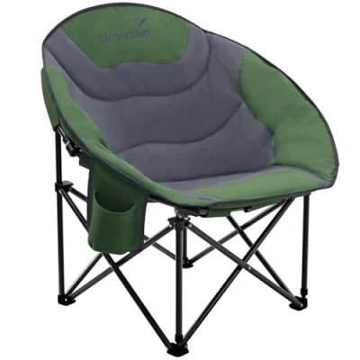 Abbildung von Skandika Moonchair Sirkka Bequemer Campingstuhl, gepolstert, klappbar, Kühlfach, Getränkehalter, Tragegriff und Tragetasche, Anti Rutsch Füße, max. 150 kg Camping Sessel, Mondsessel (grün/grau)