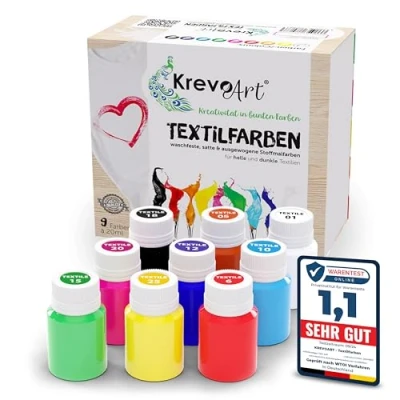 Abbildung von Krevo Art Stoffmalfarben Textilfarben Waschfest Set aus 9 x 20ml Stofffarben in Fläschchen Zum Bemalen von verschiedenen Textilien