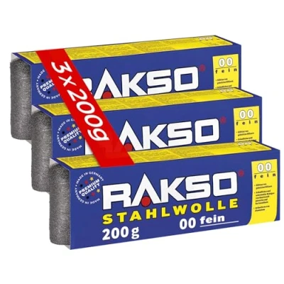 Abbildung von RAKSO Stahlwolle fein 00 600 g, 3 Banderolen à 200g, glättet Hölzer, Reinigung Kunststoffjalousien, Gartenmöbel, aufpolieren Aluminium