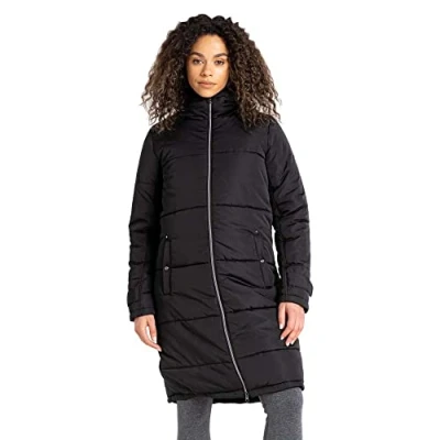 Abbildung von Dare 2b Reputable Long II Womens Coat Jacket wasserabweisendes recyceltes Material durchgehender Reißverschluss mit 2 niedrigen Reißverschlusstaschen, Kapuze und verstellbaren Bündchen