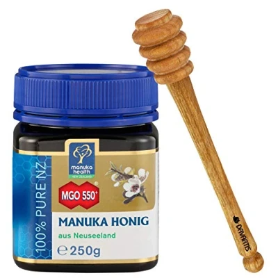 Abbildung von Manuka Health Honig MGO 550+ [250g] 100% Pur aus Neuseeland mit zertifiziertem Methylglyoxal Gehalt + Davartis Honiglöffel Kirschholz 15cm