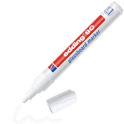 Abbildung von edding 90 Glasboardmarker weiß 1 Glasboard Stift Rundspitze 2 3 mm Fensterstift abwaschbar zum Schreiben und Markieren auf Glasoberflächen wie Fenster, Glasboards trocken abwischbar