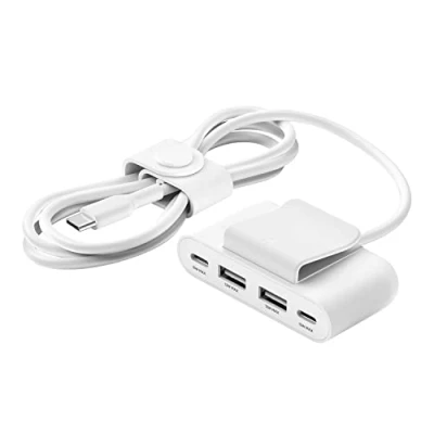 Abbildung von Belkin 4 Port USB Splitter mit 2 m Kabel, C und A Ports, Adapter 30 W Leistung, Schnellladen des iPhone 14 Samsung Galaxy S23, umweltfreundliche Ausführung, Abnehmbarer Clip