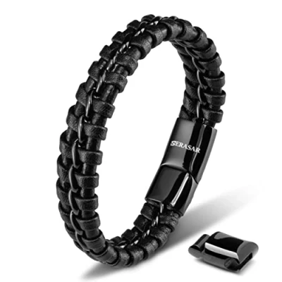 Abbildung von SERASAR Armband Jungen 17cm Schwarz Männer Leder Armreif Herren Lederband Herrenarmreif Armschmuck Schmuck Armkette Flecht Wickelarmband Kette Leather