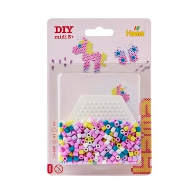 Abbildung von Hama Perlen 4192 Bügelperlen Pony, Kleine Blisterpackung mit ca. 450 Perlen, sechseckige Stiftplatte, Bügelpapier, für Kinder ab 5 Jahren