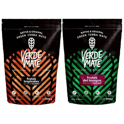 Abbildung von 2 x 500 g Grüner Mate Tee mit Früchten Exotischer Verde Frutos Tropicales Milder del Bosque Viel Koffein Natürliche Zusammensetzung