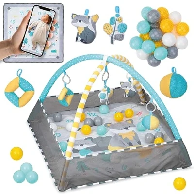 Abbildung von MoMi LAMMIS Spielbogen für Babys ab der Geburt, 4 in 1 Set: Krabbeldecke mit Umrandung und Foto Hintergrund, Bälle Bad 18 Bällen, 5 Spielzeuge, B79 x L79 H 87 cm, Gewicht 0,6 kg