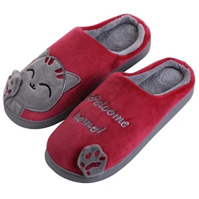 Abbildung von Katara Tier Pantoffeln Gr. 34 41 (Einhorn, Katze, Hase) Plüsch Hausschuhe Hausschuhe, weich, warm, süß, kuschelig, Katze (Schwarz Rot)