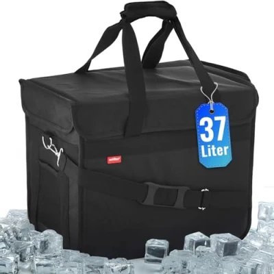 Abbildung von achilles Stabile Kühltasche mit Schultergurt, Große Kühlbox 37L, Isolierung für Warme und Kalte Lebensmittel Picknicktasche, 45x25x33cm (Schwarz)