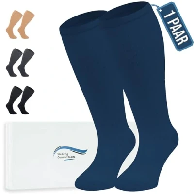 Abbildung von 360 Relief Kompressionsstrümpfe Damen und Herren 1 Paar Kompressionssocken Einfarbig für Sport, Laufen, Flug, Reise, Joggen, Radsport, Kniestrümpfe, 4XL Blau mit Wäschenetz