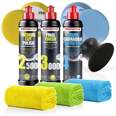 Abbildung von detailmate Menzerna Handpolitur Komplettset: Menzerna: MCP 2500 + FF 3000 Liquid Carnauba Protection Hand Polier Applikator Medium Cut Foam Pad Wax 3 Mikrofasertücher