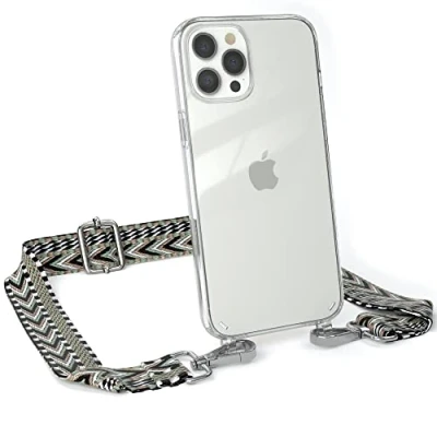 Abbildung von EAZY CASE Handykette Verstellbarer Trageriemen kompatibel mit iPhone 12 Pro Max, Handykordel Schutzhülle durchsichtig, Riemen für Handyketten, Grün/Schwarz Metall Silber