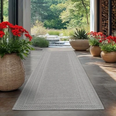 Abbildung von Carpetsale24 Outdoor Teppich Grau 80x250 cm Läufer, Wetterfest &amp; UV beständig, ideal für Küche, Balkon, Terrasse auch Wohnzimmer und Esszimmer, Einfarbiges Design mit Bordüre, Leicht zu Reinigen