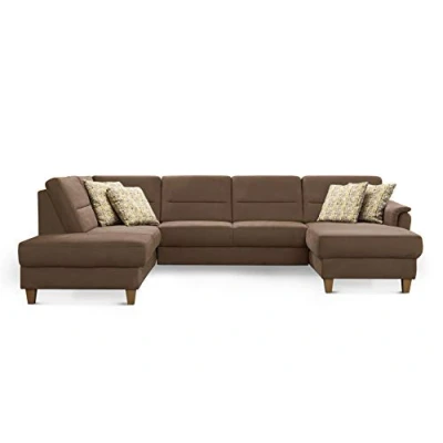Abbildung von CAVADORE U Form Sofa Palera / Wohnlandschaft mit Schlaffunktion, Stauraum und Federkern 314 x 89 212 Mikrofaser, Hellbraun