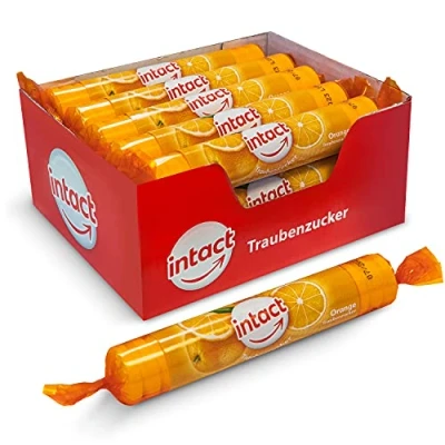 Abbildung von intact Traubenzucker (Orange) Rolle 15 St. Multipack (15 x 40g) Bonbons 100% Vegan