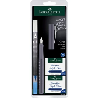 Abbildung von FABER CASTELL 202038 Füller Grip 2010, Feder M, dapple gray, mit Tintenlöscher und 12 Ersatzpatronen
