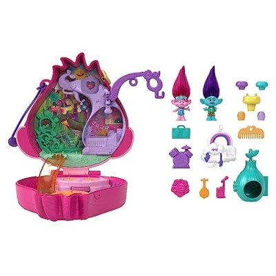 Abbildung von Polly Pocket und DreamWorks Trolls Schatulle Spielset mit Poppy Branch Puppen 13 Zubehörteilen, Sammelspielzeug funktionierenden Elementen