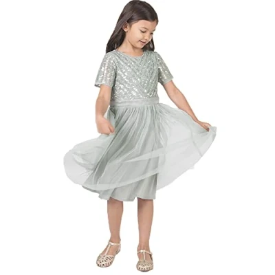 Abbildung von Maya Deluxe Girl&#039;s Midi Girls for Wedding with Sequin Embellishment Short Sleeve Prom Birthday Party Bridesmaid Dress, Green Lily, 9 10 Years