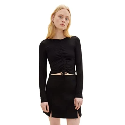 Abbildung von TOM Tailor Denim Curved Rouching Langarmshirt, Damen, Größe: XS, Deep black