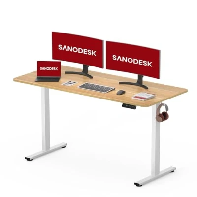 Abbildung von SANODESK Höhenverstellbarer Schreibtisch KOMPLETTE TISCHPLATTE Höhenverstellbar Elektrisch Ergonomischer Steh Sitz Tisch Computertisch für Heimbüro Homeoffice 120 x 60 cm(ahorn)