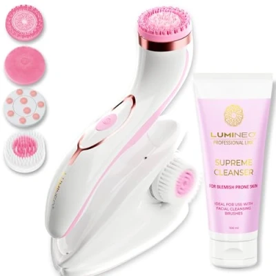 Abbildung von Lumineo Gesichtsreinigungsbürste mit Reinigungsgel, elektrische USB Gesichtsbürste für eine sanfte und gründliche Reinigung (PRO rosa (unreine Haut))