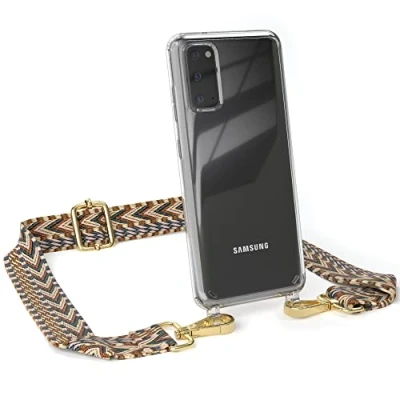 Abbildung von EAZY CASE Handykette Verstellbares Taschenband kompatibel mit Samsung Galaxy S20 / 5G, Schulterriemen, Handykordel Silikon Hülle, Umhängetasche, Hell Braun/Braun Endstücke Gold