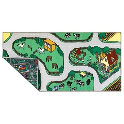 Abbildung von Primaflor Spielteppich mit City Farm Design für Kinder 140 x 200 cm pflegeleichter Kinderteppich Straßen