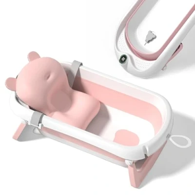 Abbildung von Faltbare Babybadewanne mit rutschfestem Badekissen/Badewanne XXL Thermometer zur Kontrolle der Wassertemperatur / 3 Stufen Badewanne Ab Geburt bis 2 Jahre 5 Plastikbälle gratis (PINK)