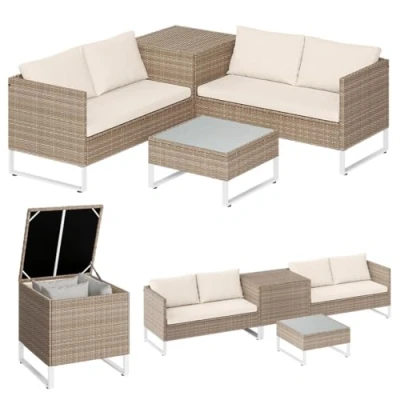 Abbildung von STEELSØN Polyrattan Sitzgruppe mit Aufbewahrungsbox Alniyat, Gartenmöbel Set 2X Gartenbank, 1x Tisch, Rattan Lounge für den Garten 4 Personen beige