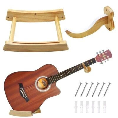 Abbildung von Yumzeco Gitarren Wandhalterung, Akustikgitarre Gitarrenwandhalter, Gitarrenständer Holz, Universal Haken Gepolsterten für Bass Banjo Mandolin Gitarrenaufhänger Wand