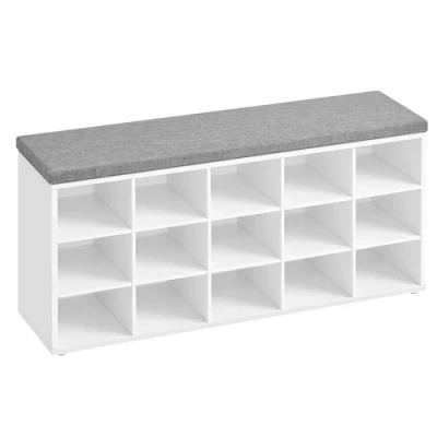 Abbildung von VASAGLE Schuhbank, Schuhregal mit Sitzfläche, Sitzbank Stauraum, Kissen, 15 Fächer, für Wohnzimmer, Flur, 30 x 105 48 cm, wolkenweiß Taubengrau LHS15WT