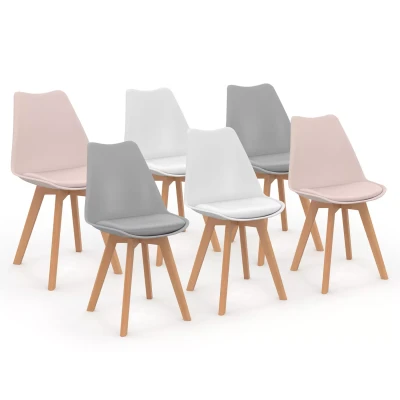 Abbildung von IDMarket Set mit 6 skandinavischen Stühlen Sara Mix Color Pastell Rosa x 2, Hellgrau 2 und Weiß