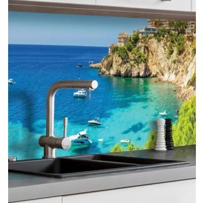 Abbildung von MyMaxxi Küchenrückwand Folie selbstklebend matt Versteift einfache Montage ohne Bohren Motiv Landschaft 05 60cm hoch Spritzschutz Küche Klebefolie Meer Klippe Bucht 180 x